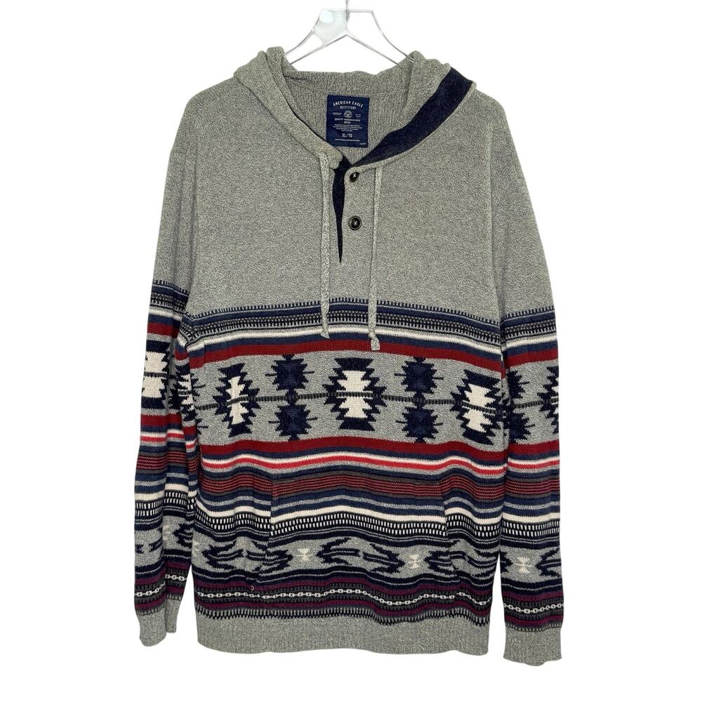 American Eagle AE Knit Hoodie Aztec Print Sweater Mens XL Southwestern Winter